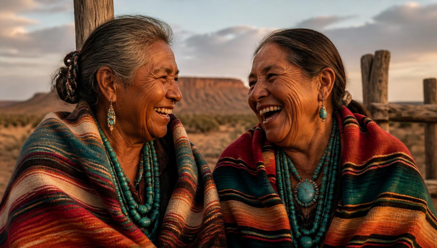 Two elders wrapped in woven blankets, laughing together